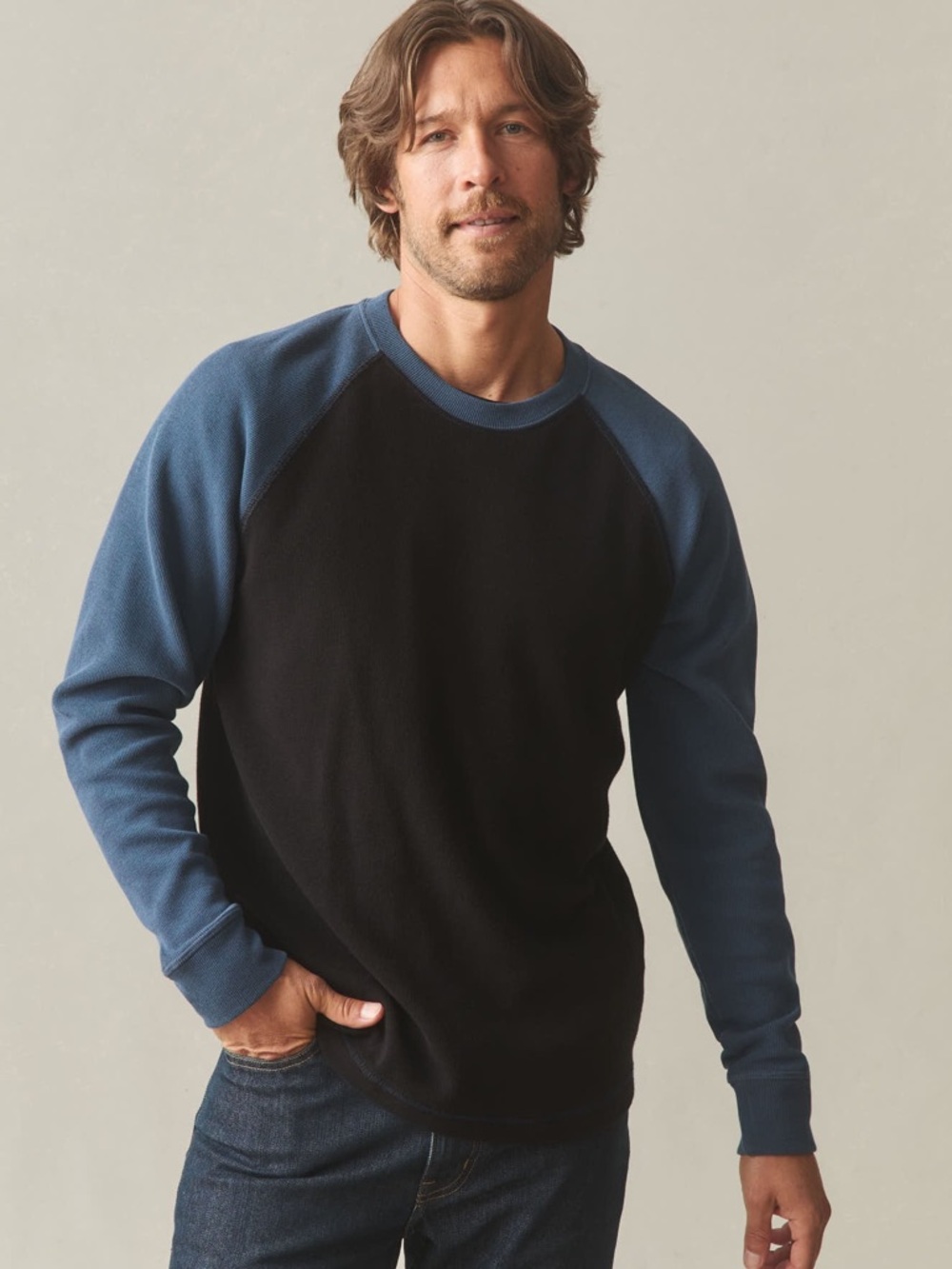 Nwot American Giant Men's French Rib Raglan Colorblock Black Dark Denim